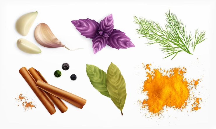 Vector Gratis spices and herbs realistic set of curry powder garlic cloves black pepper peas cinnamon rolls bay and basil leaves isolated vector illustration
