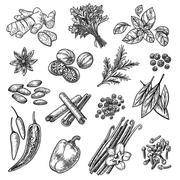 Vector Gratis spices sketches set