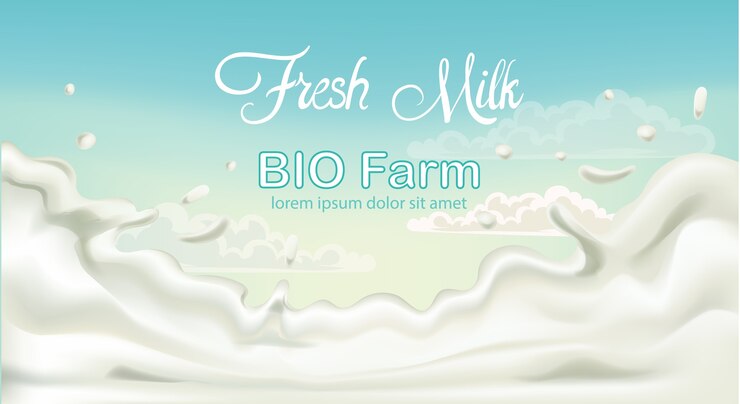 Vector Gratis splashing fresh milk from bio fam with blue sky in background. place for text. 