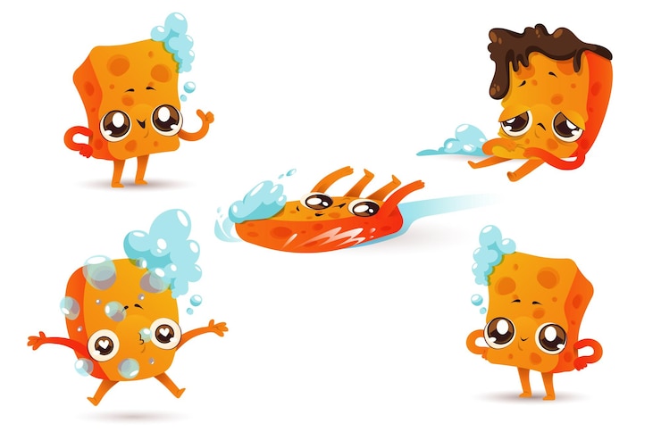 Vector Gratis spons untuk membersihkan dengan wajah lucu dan gelembung busa