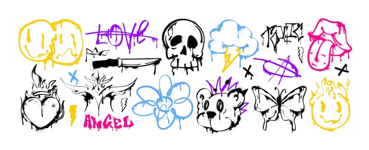 Vector Gratis spray paint graffiti element set street art gothic skull head icon flaming heart open mouth with