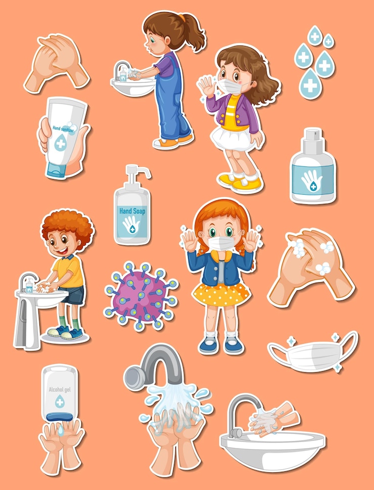 Vector Gratis sticker set of covid19 and cartoon character