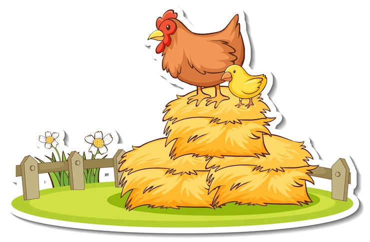 Vector Gratis stiker ayam betina dengan anak ayam kecil berdiri di atas tumpukan jerami