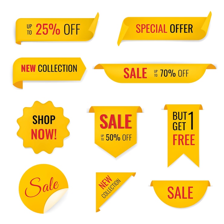 Vector Gratis stiker banner diskon, set clip art belanja vektor kosong
