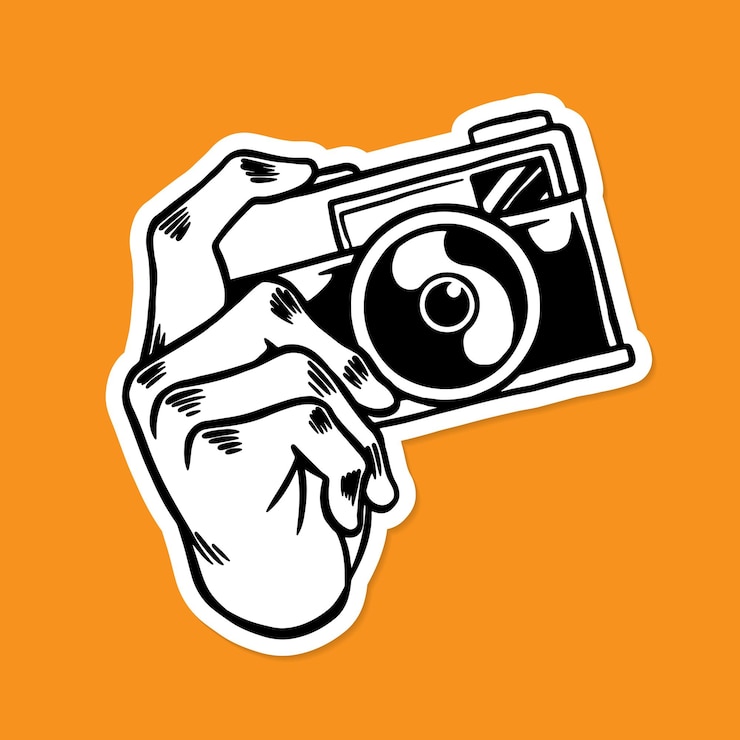 Vector Gratis stiker garis luar kamera analog dilapisi pada vektor sumber daya desain latar belakang kuning
