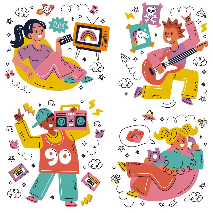 Vector Gratis stiker gaya doodle kembali ke tahun 90-an