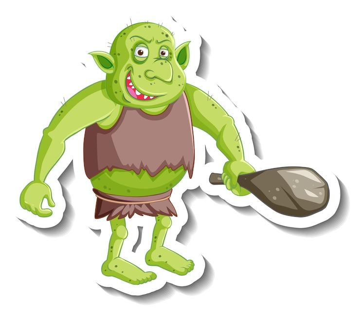 Vector Gratis stiker karakter kartun goblin hijau atau troll