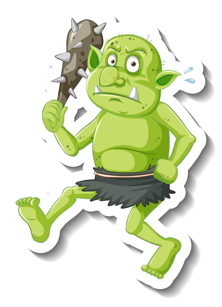 Vector Gratis stiker karakter kartun goblin hijau atau troll