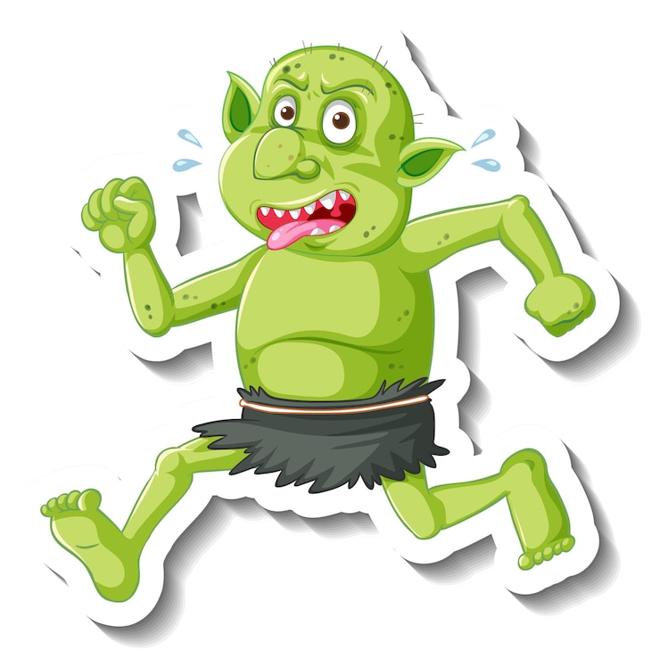 Vector Gratis stiker karakter kartun goblin hijau atau troll
