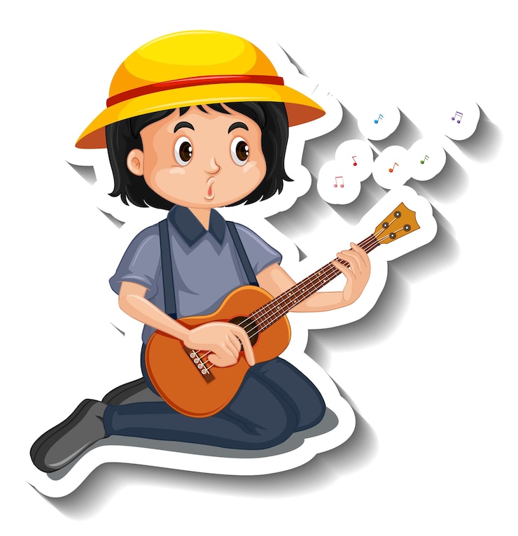 Vector Gratis stiker kartun dengan gadis bermain gitar