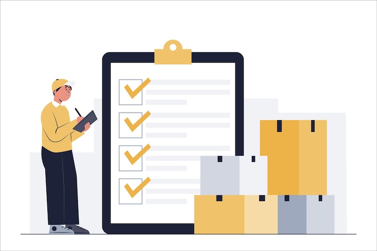 Vector Gratis store staff check the number of products that must be delivered to customers during the day