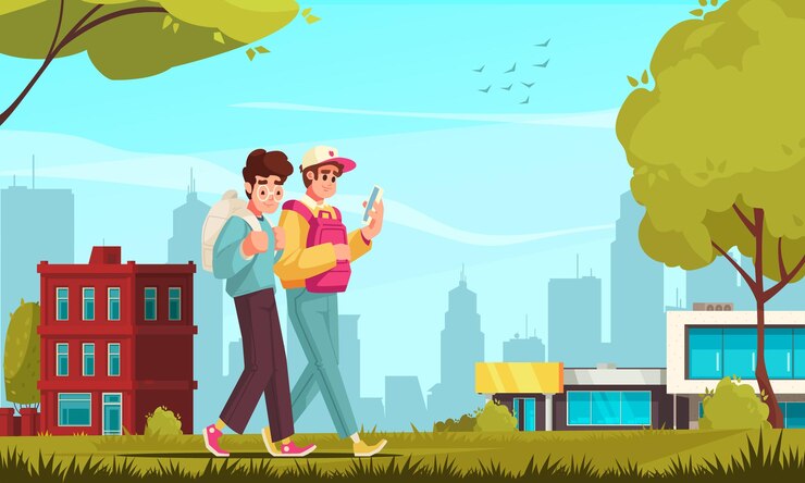 Vector Gratis students cartoon composition with teenagers with backpacks walking by vector illustration