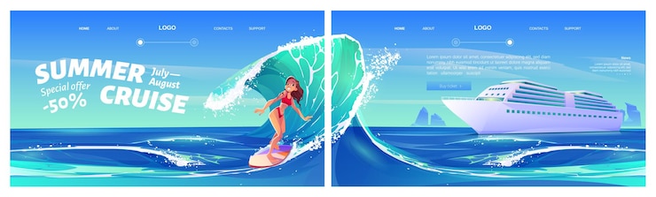 Vector Gratis summer cruise cartoon landing pages with young girl surfing ocean wave on board and luxury white liner on sea landscape.