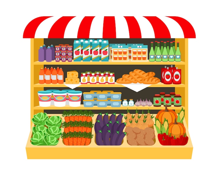 Vector Gratis supermarket. food on shelves eggplant cabbage carrot peppers onions corn bread potatoes. shopping and fresh. vector illustration