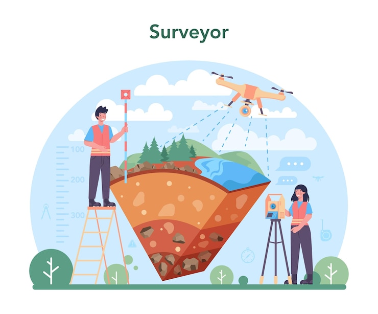 Vector Gratis surveyor concept land surveying technology geodesy science engineering and topography equipment people with compass map and topographic equipment vector flat illustration