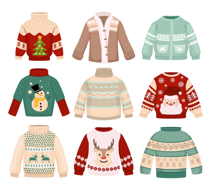 Vector Gratis sweater natal buatan tangan set dengan pola ornamen utara tradisional gambar santa claus dan manusia salju ilustrasi vektor terisolasi