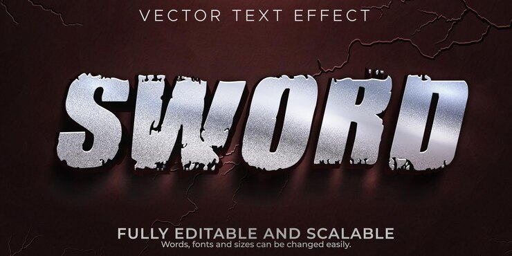 Vector Gratis sword metallic text effect; editable warrior and knight text style