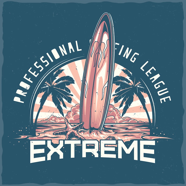 Vector Gratis t-shirt label design with illustration of surfing board standing on the beach with palms and sunset
