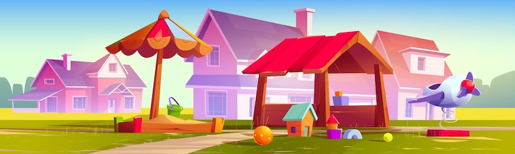 Vector Gratis taman bermain anak-anak di pinggiran kota dengan taman pondok