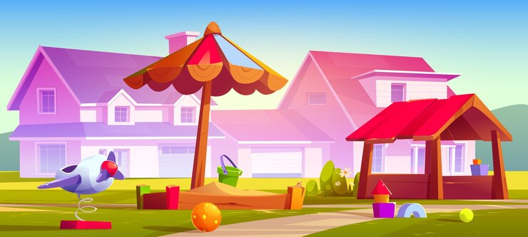 Vector Gratis taman bermain anak-anak di pinggiran kota dengan taman pondok