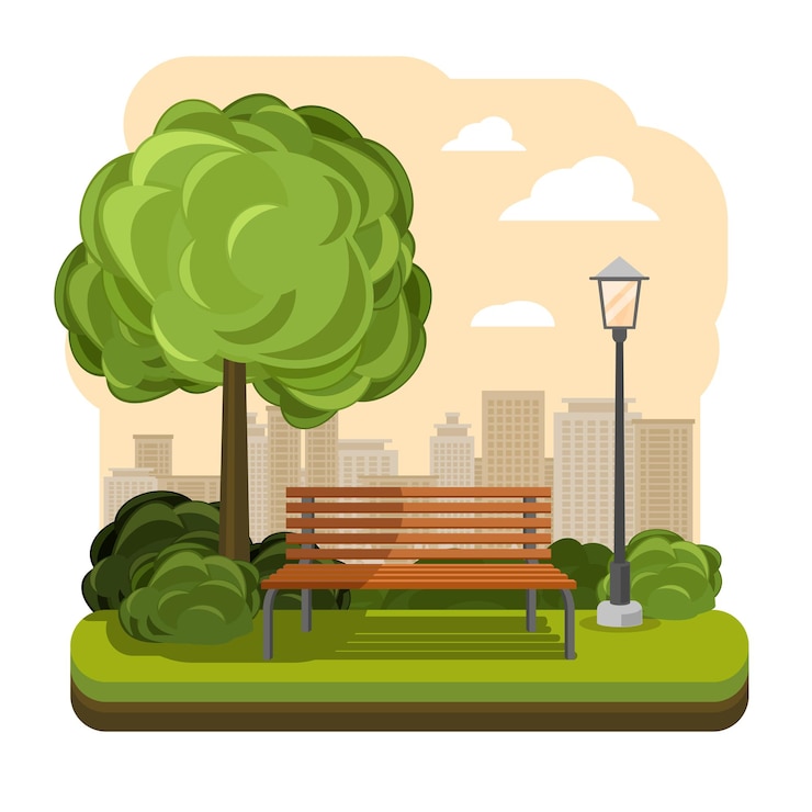 Vector Gratis taman dengan bangku dan ilustrasi lampu jalan