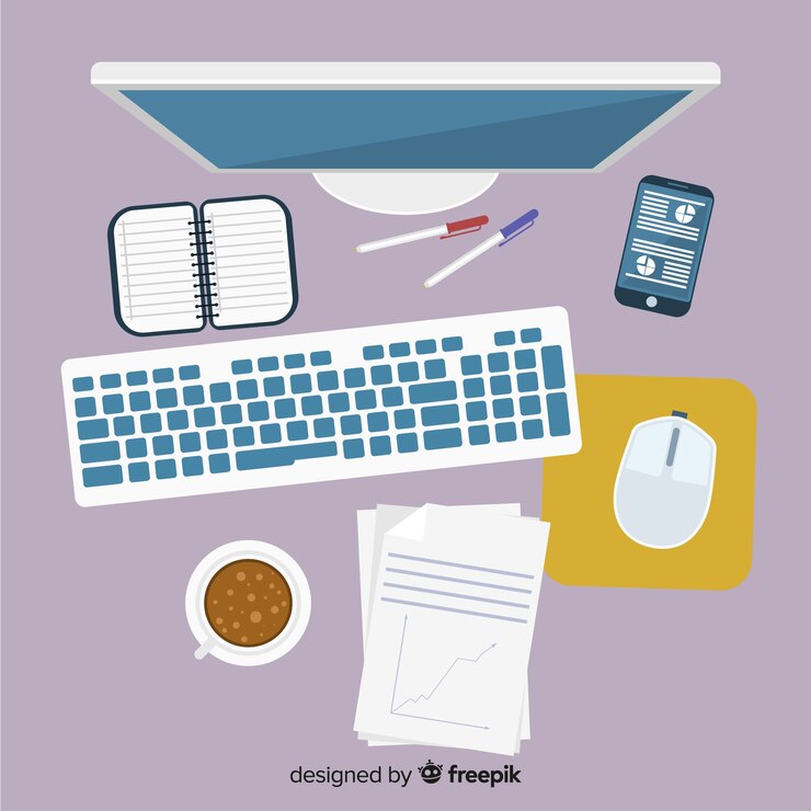 Vector Gratis tampilan atas meja kantor profesional dengan desain datar