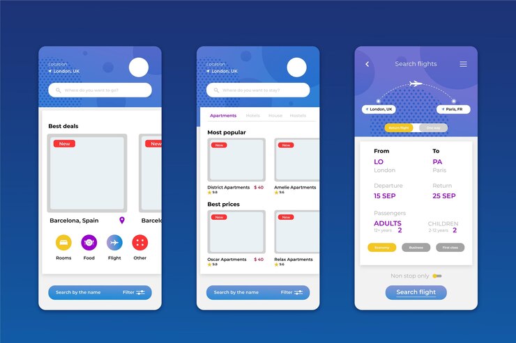 Vector Gratis tampilan layar aplikasi pemesanan perjalanan