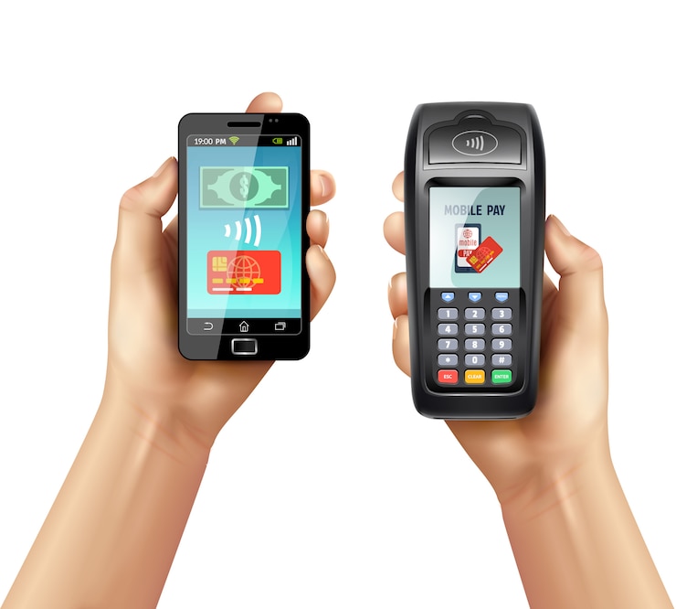 Vector Gratis tangan dengan smartphone dan terminal pembayaran