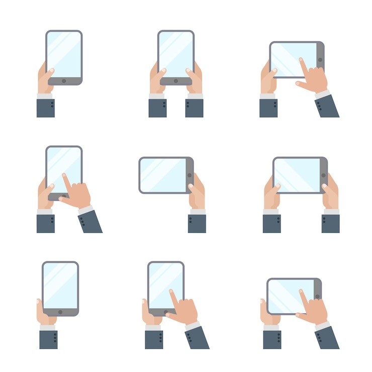 Vector Gratis tangan memegang tablet pc ikon layar sentuh tangan smartphone. gaya datar ponsel dan isyarat tablet digital.