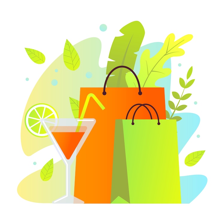 Vector Gratis tas kertas belanja berwarna-warni dan gelas koktail