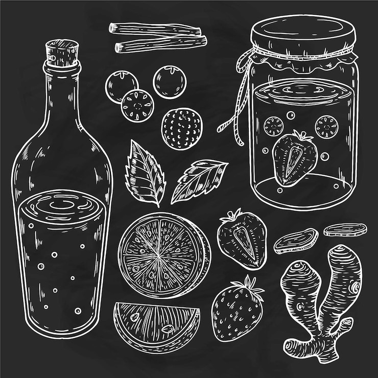Vector Gratis teh kombucha yang digambar tangan dengan bahan-bahan