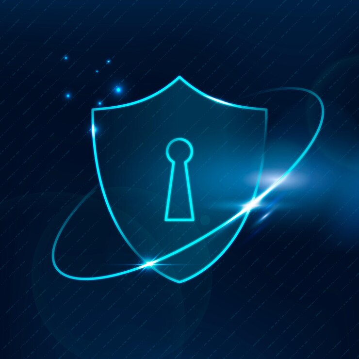 Vector Gratis teknologi keamanan dunia maya dengan perisai kunci dalam nada biru