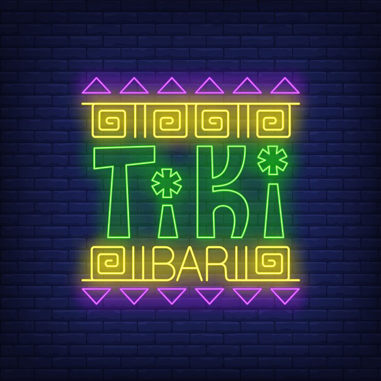 Vector Gratis teks neon tiki bar dengan ornamen etnik