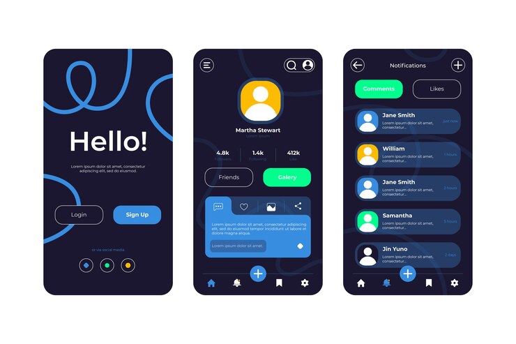 Vector Gratis templat aplikasi mode gelap gradien