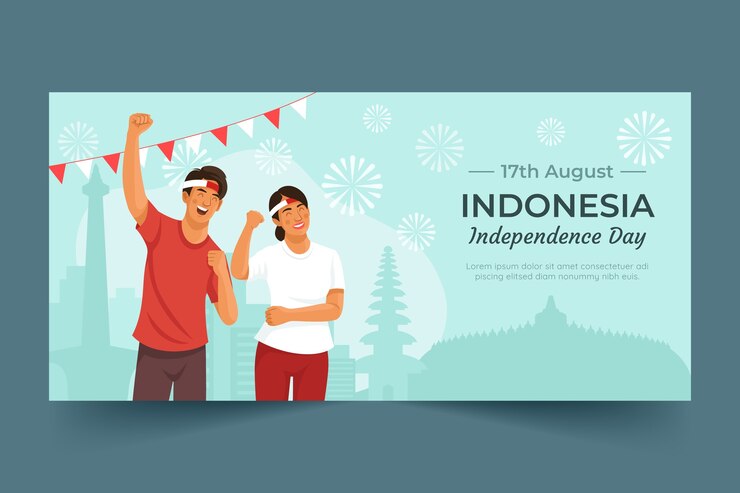 Vector Gratis templat banner horizontal datar untuk perayaan hari kemerdekaan indonesia