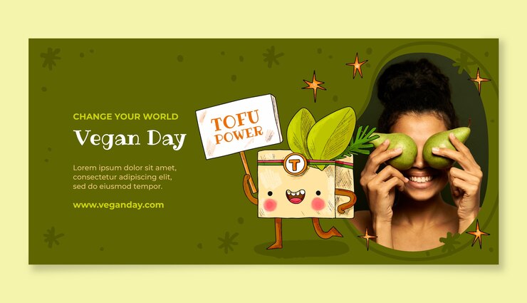 Vector Gratis templat banner horizontal digambar tangan untuk perayaan hari vegan sedunia