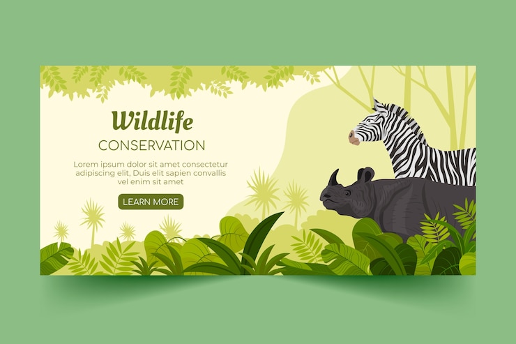 Vector Gratis templat banner horizontal hari margasatwa dunia datar dengan fauna dan flora