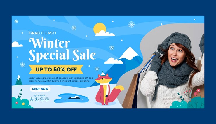 Vector Gratis templat banner penjualan horizontal datar untuk musim dingin
