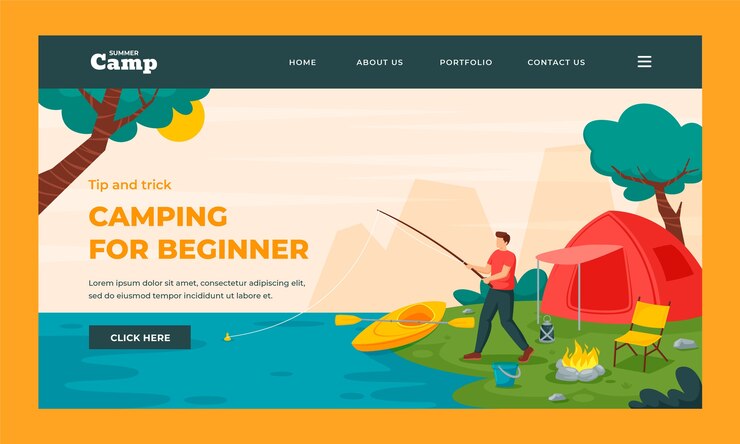 Vector Gratis templat halaman arahan perkemahan musim panas digambar tangan