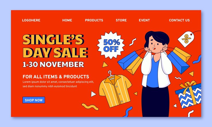 Vector Gratis templat halaman arahan untuk acara obral hari jomblo 11.11