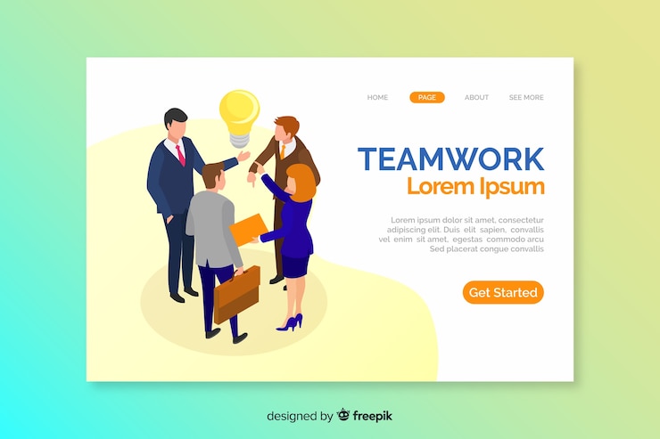 Vector Gratis templat halaman landas kerja tim isometrik