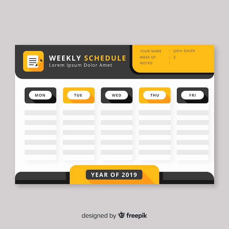 Vector Gratis templat jadwal mingguan modern dengan desain datar