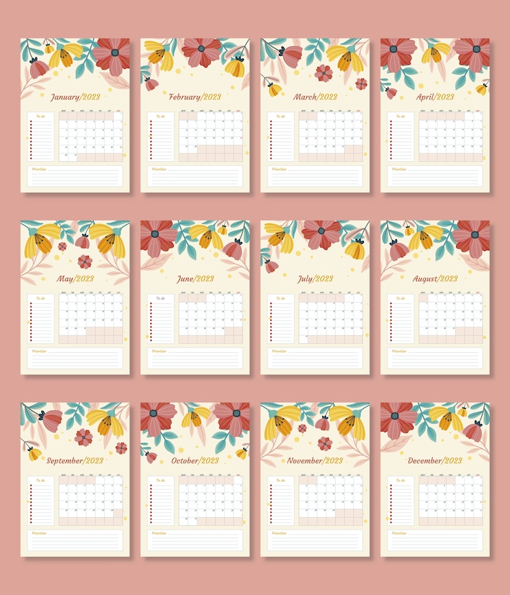 Vector Gratis templat kalender dinding tahunan datar 2023