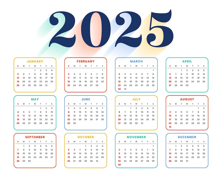 Vector Gratis templat kalender tahunan berwarna-warni 2025 sebuah desain yang dapat dicetak