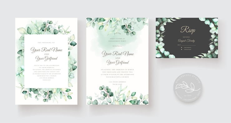 Vector Gratis templat kartu undangan pernikahan dengan set daun eucalyptus