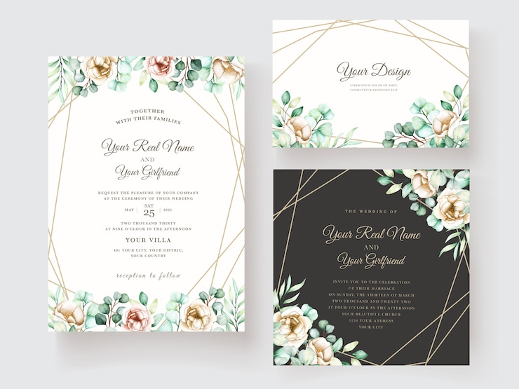 Vector Gratis templat kartu undangan pernikahan dengan set daun eucalyptus