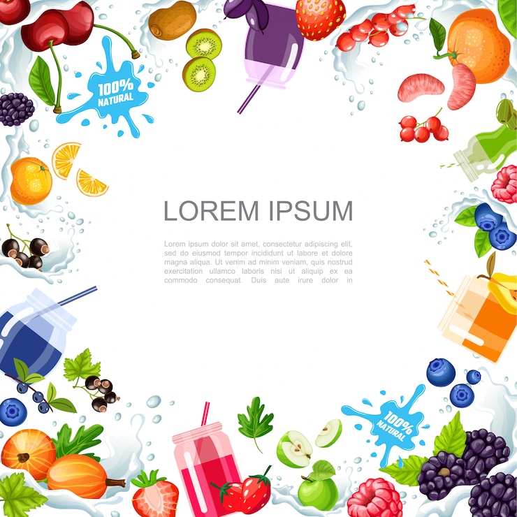 Vector Gratis templat kartun smoothie manis dengan ceri kiwi raspberry stroberi jeruk apel blackberry blueberry percikan susu kelapa, jus alami