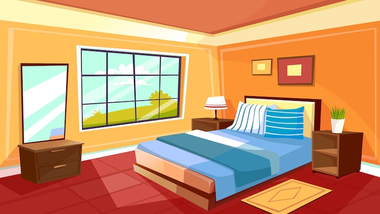 Vector Gratis templat latar belakang interior kamar tidur kartun. ruangan rumah modern yang nyaman di bawah cahaya pagi