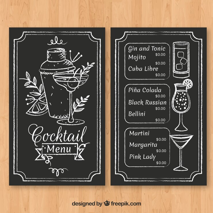 Vector Gratis templat menu koktail yang digambar tangan dengan gaya elegan