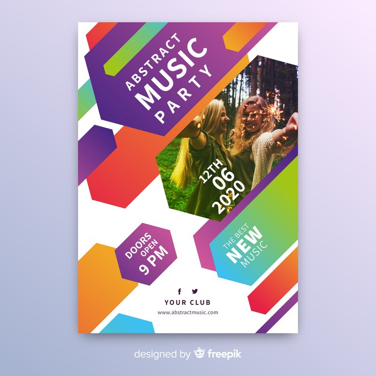Vector Gratis templat poster musik penuh warna abstrak dengan foto